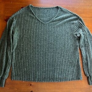 SHEIN Frenchy Drop Shoulder Ribbed Knit Green V Neck Shirt
